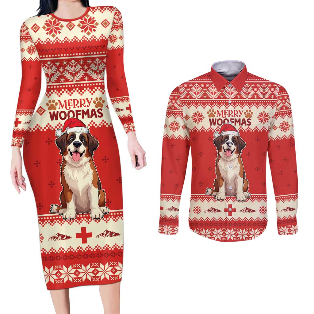 Switzerland Christmas Couples Matching Long Sleeve Bodycon Dress and Long Sleeve Button Shirt Cute Saint Bernard Merry Woofmas LT05 - Wonder Print Shop