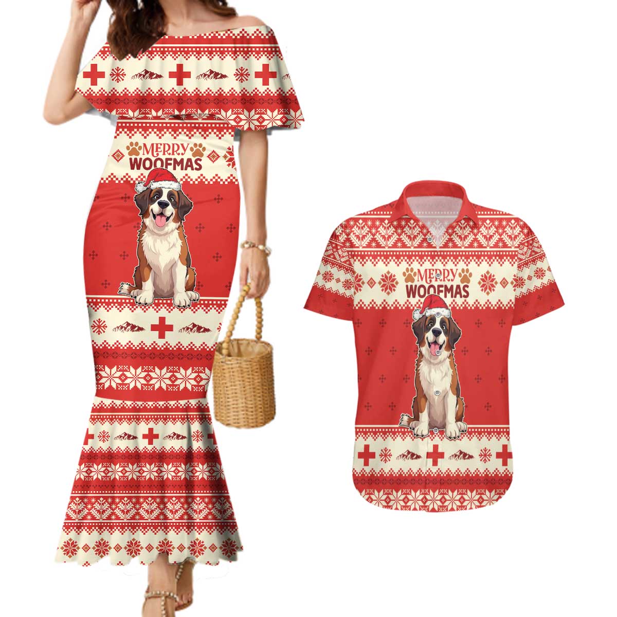 Switzerland Christmas Couples Matching Mermaid Dress and Hawaiian Shirt Cute Saint Bernard Merry Woofmas LT05 - Wonder Print Shop