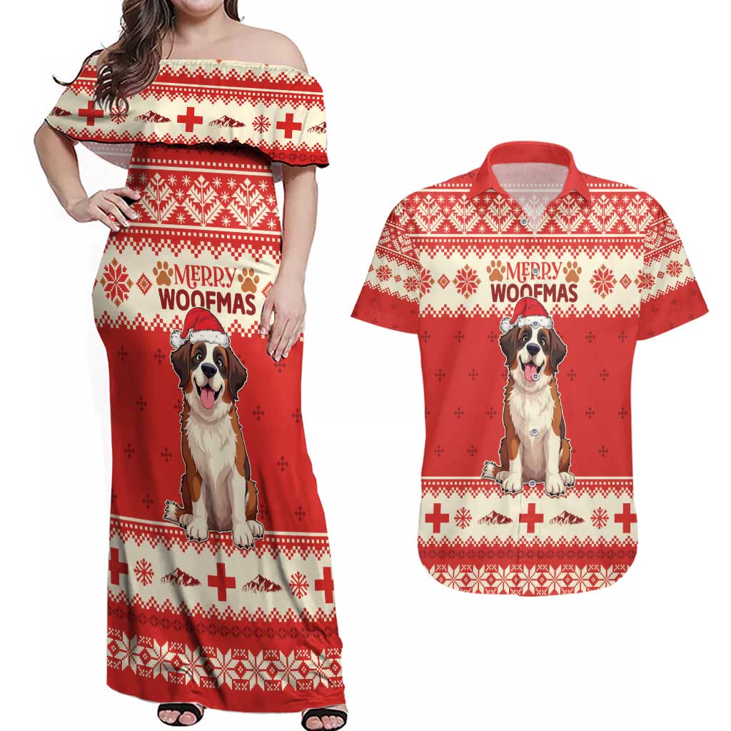 Switzerland Christmas Couples Matching Off Shoulder Maxi Dress and Hawaiian Shirt Cute Saint Bernard Merry Woofmas LT05 - Wonder Print Shop