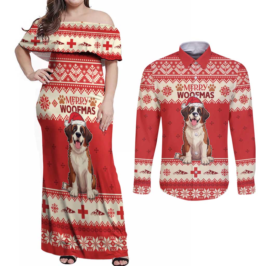 Switzerland Christmas Couples Matching Off Shoulder Maxi Dress and Long Sleeve Button Shirt Cute Saint Bernard Merry Woofmas LT05 - Wonder Print Shop