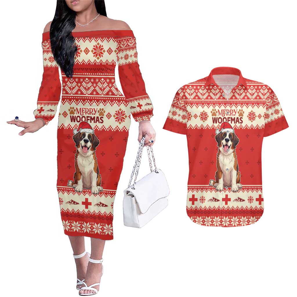 Switzerland Christmas Couples Matching Off The Shoulder Long Sleeve Dress and Hawaiian Shirt Cute Saint Bernard Merry Woofmas LT05 - Wonder Print Shop