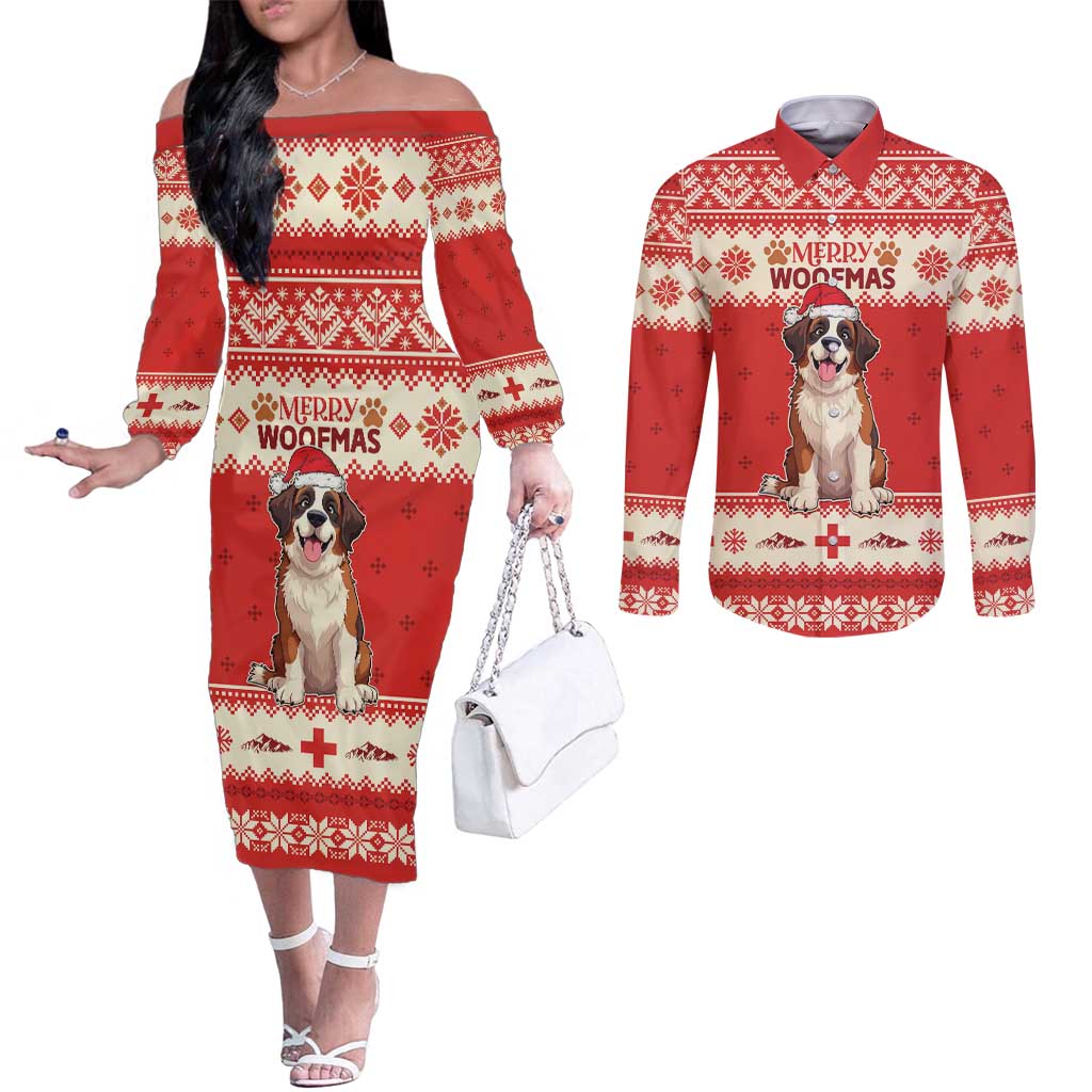 Switzerland Christmas Couples Matching Off The Shoulder Long Sleeve Dress and Long Sleeve Button Shirt Cute Saint Bernard Merry Woofmas