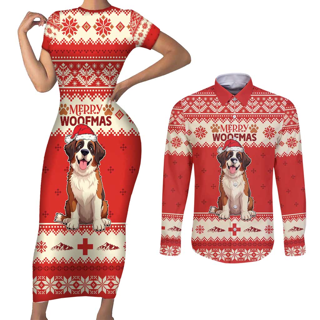 Switzerland Christmas Couples Matching Short Sleeve Bodycon Dress and Long Sleeve Button Shirt Cute Saint Bernard Merry Woofmas LT05 - Wonder Print Shop