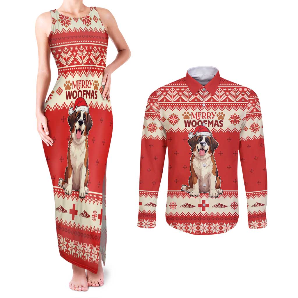 Switzerland Christmas Couples Matching Tank Maxi Dress and Long Sleeve Button Shirt Cute Saint Bernard Merry Woofmas LT05 - Wonder Print Shop