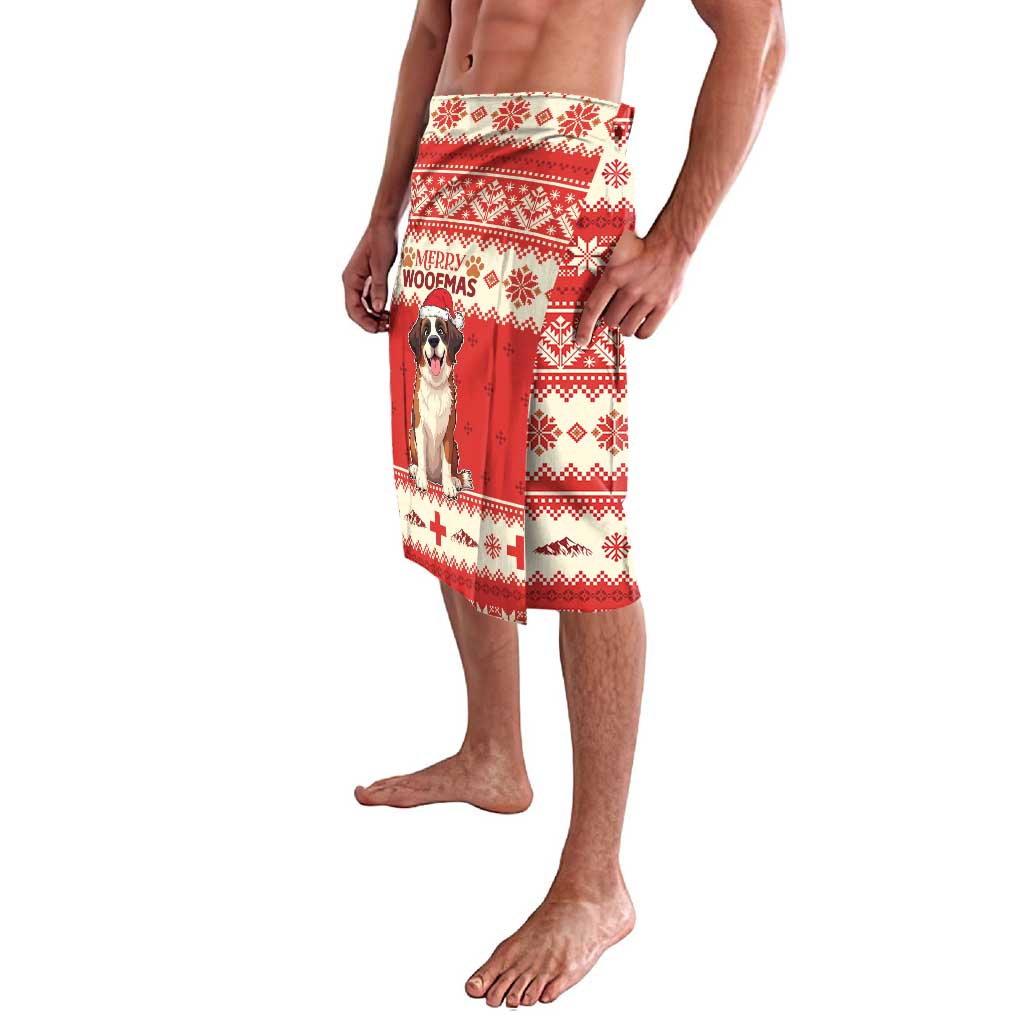 Red and white sarong skirt with Saint Bernard dog graphic, vertical border, and snowflakes