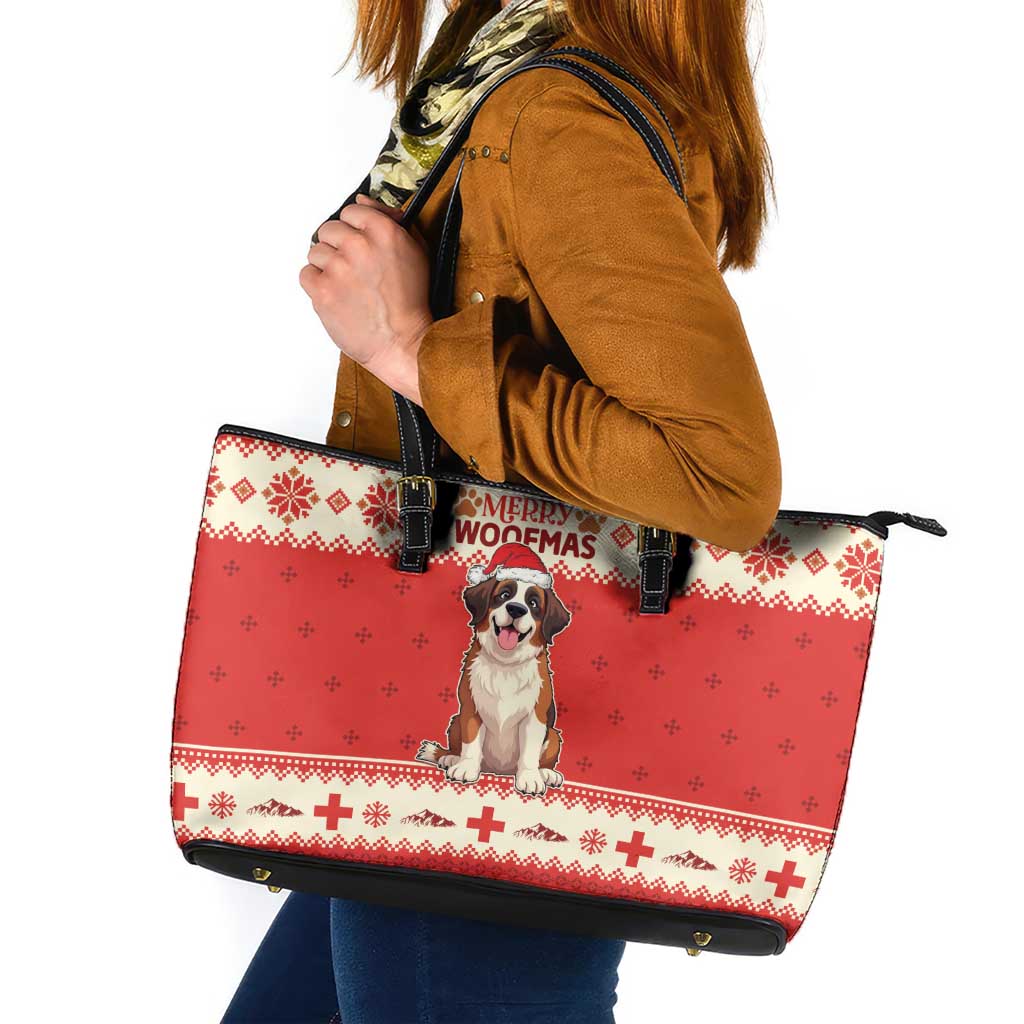 Switzerland Christmas Leather Tote Bag Cute Saint Bernard Merry Woofmas LT05 - Wonder Print Shop