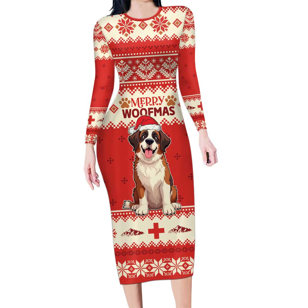 Switzerland Christmas Long Sleeve Bodycon Dress Cute Saint Bernard Merry Woofmas LT05 - Wonder Print Shop