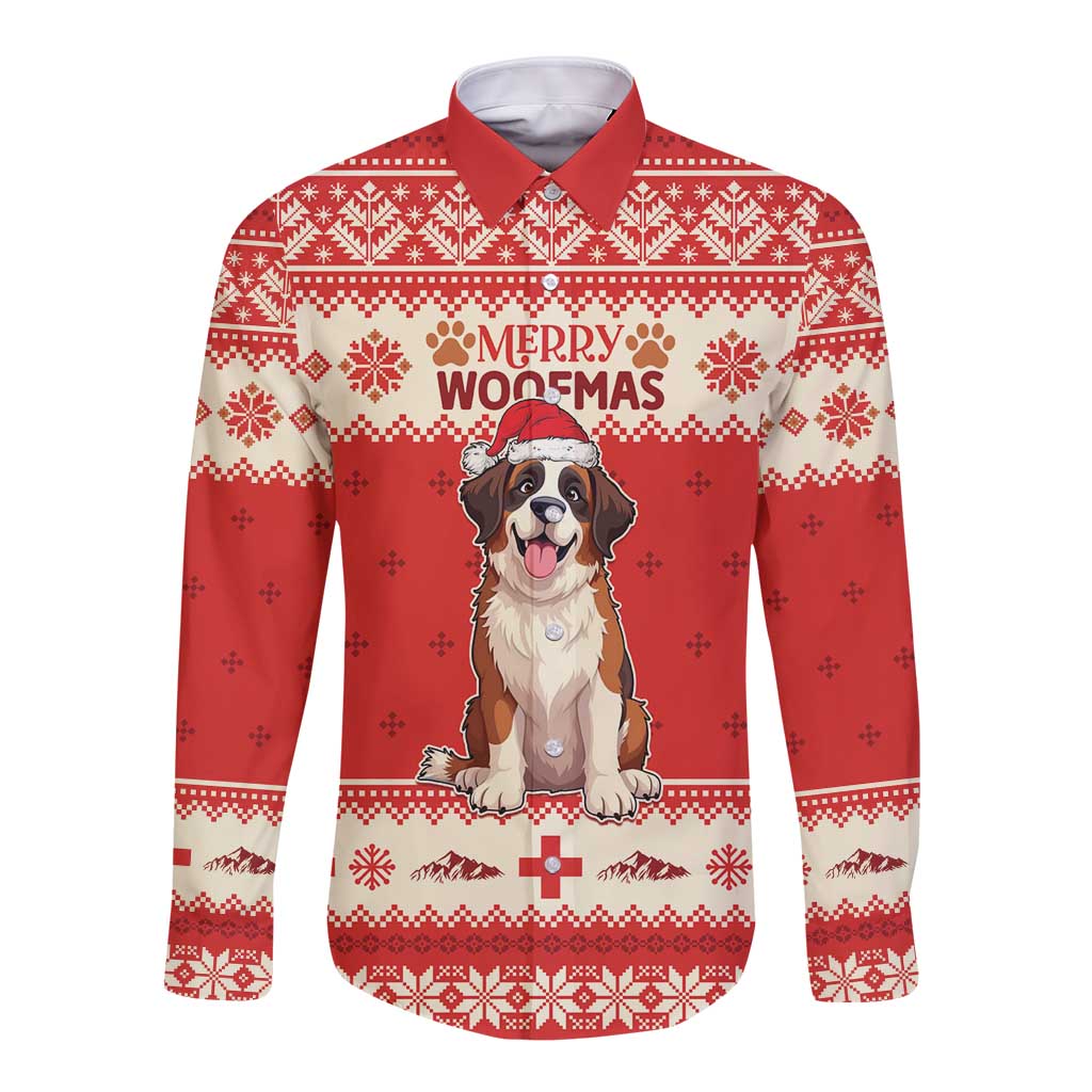Red long-sleeve button shirt with Saint Bernard graphic, Merry Woofmas and festive pattern