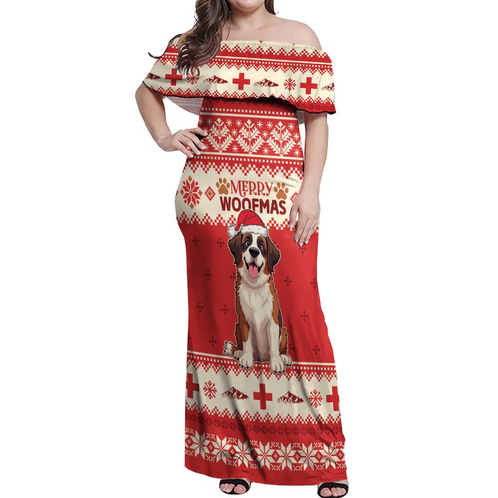 Switzerland Christmas Off Shoulder Maxi Dress Cute Saint Bernard Merry Woofmas LT05 - Wonder Print Shop