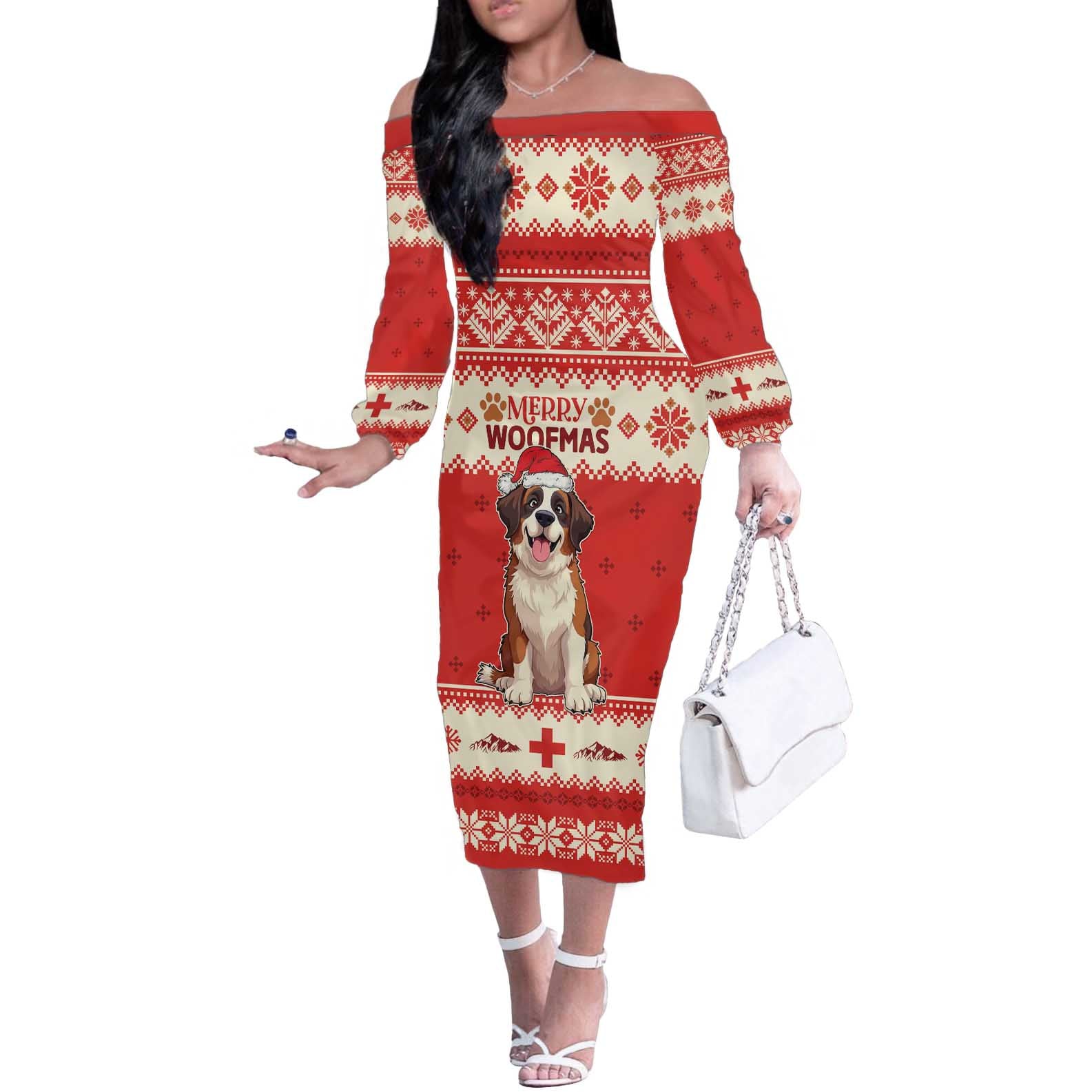 Switzerland Christmas Off The Shoulder Long Sleeve Dress Cute Saint Bernard Merry Woofmas LT05 - Wonder Print Shop