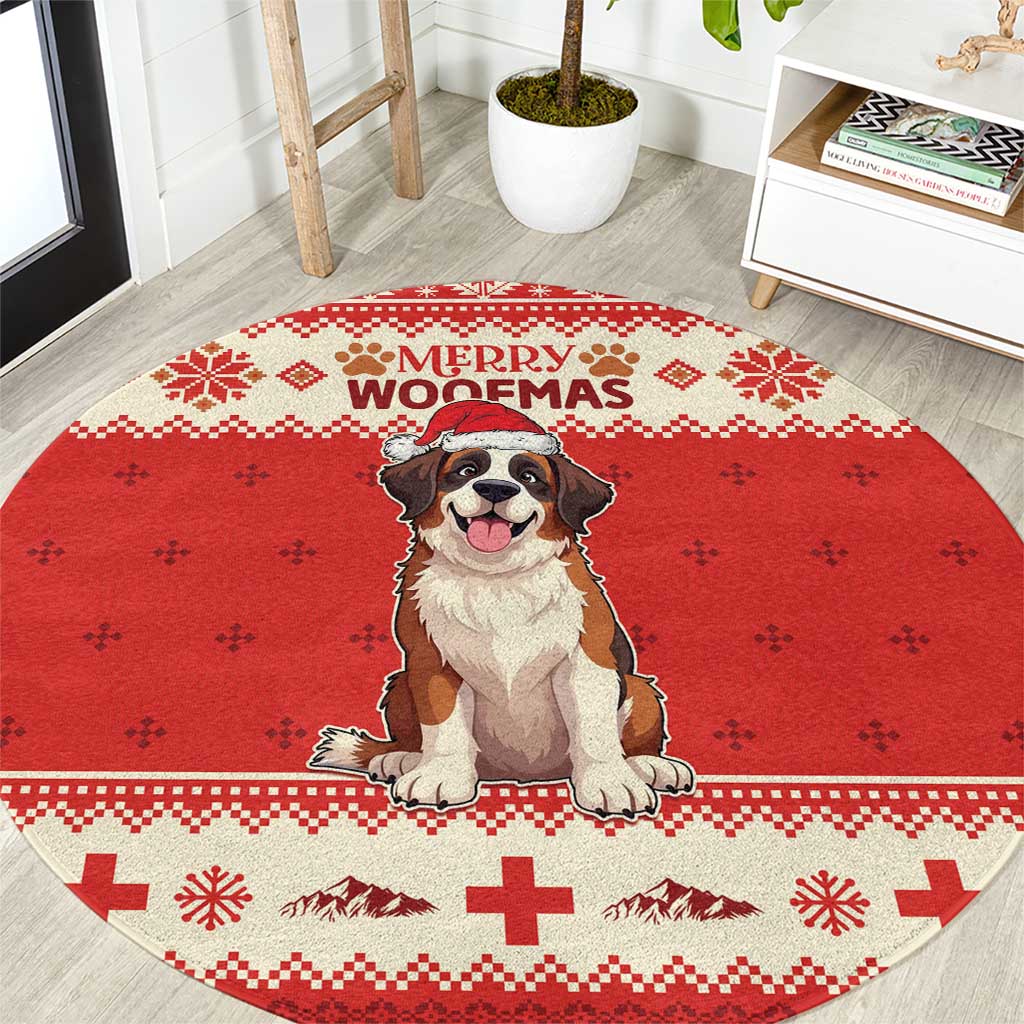 Red round pet rug with Saint Bernard and 'Merry Woofmas' lettering