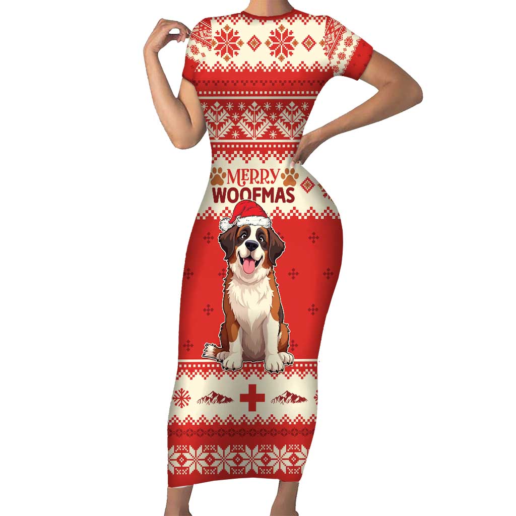 Switzerland Christmas Short Sleeve Bodycon Dress Cute Saint Bernard Merry Woofmas