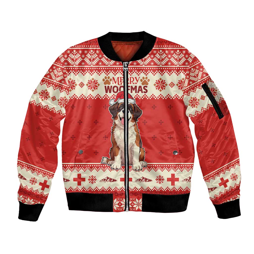 Switzerland Christmas Sleeve Zip Bomber Jacket Cute Saint Bernard Merry Woofmas