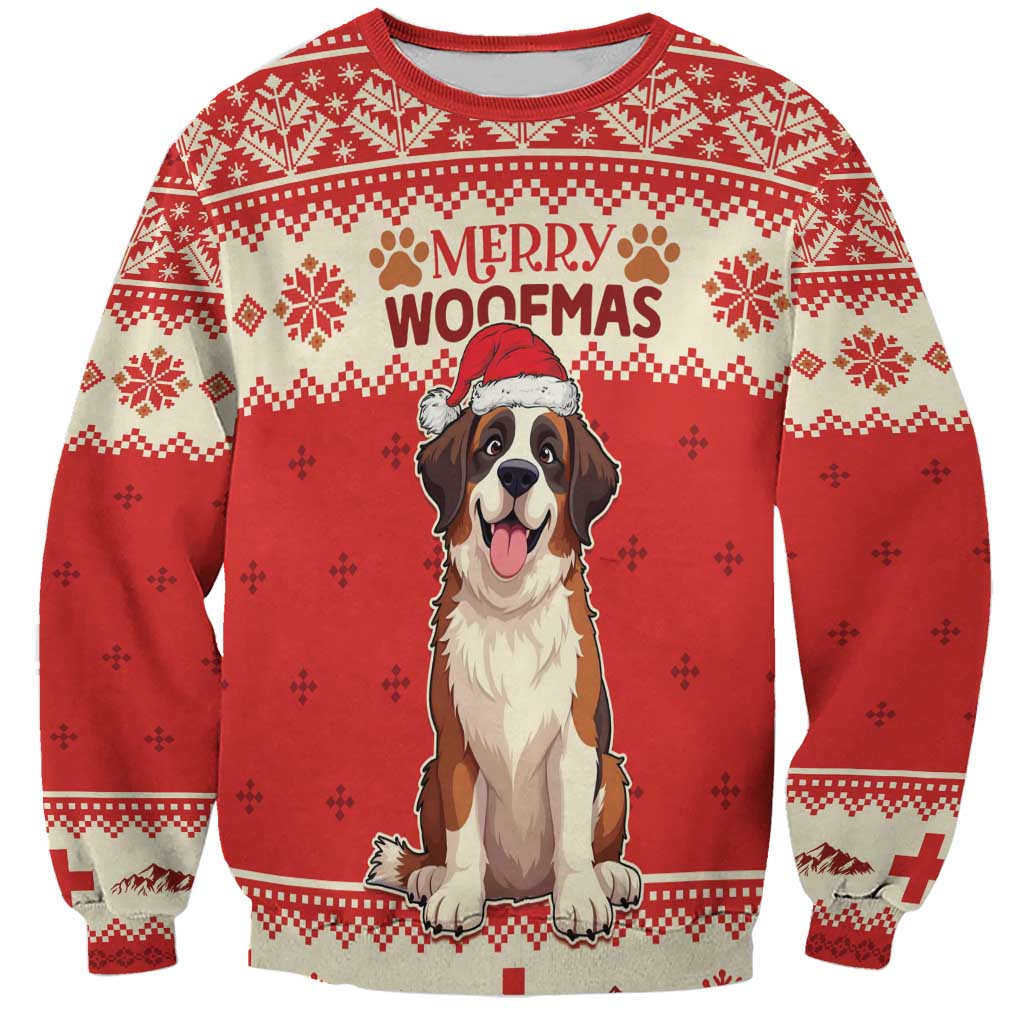 Unisex red Christmas sweatshirt with dog in Santa hat and “Merry Woofmas” graphic