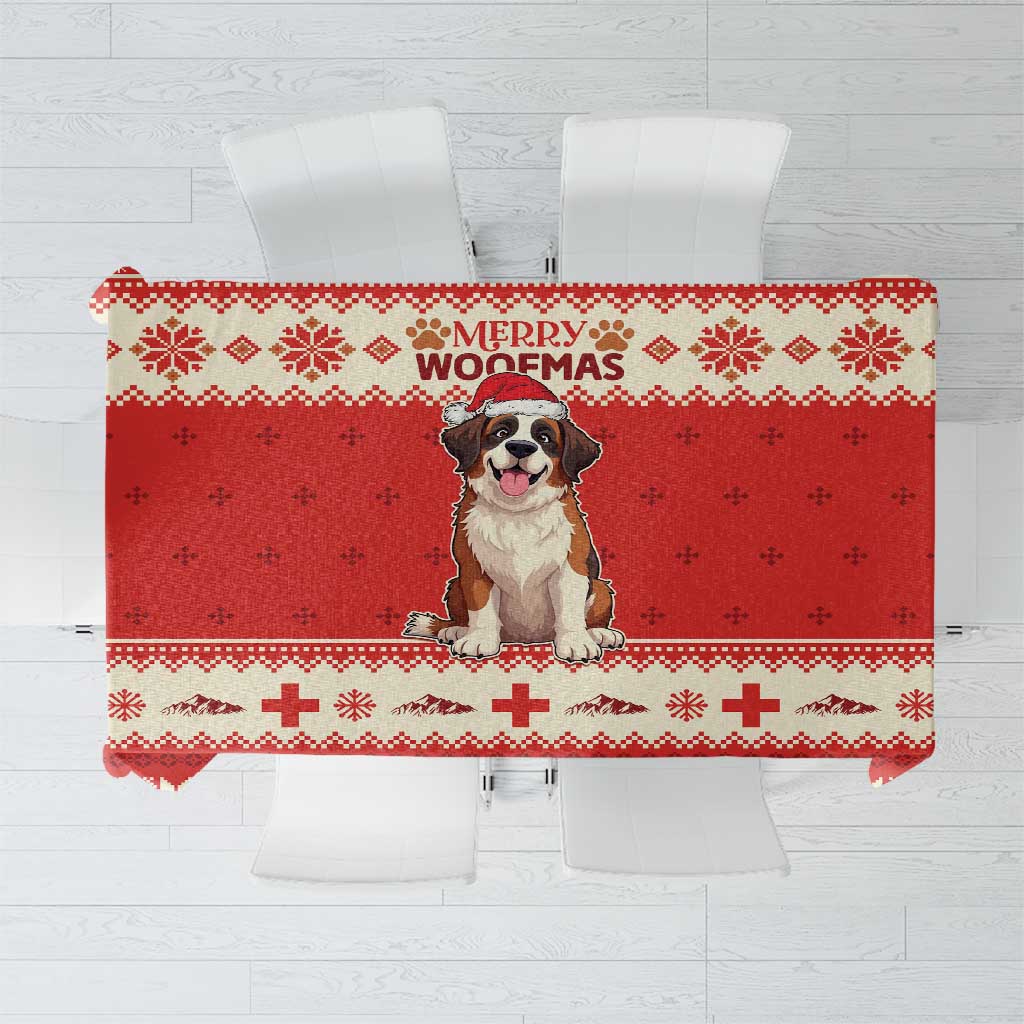 Red Christmas tablecloth with white snowflake and cross patterns, featuring a Saint Bernard.
