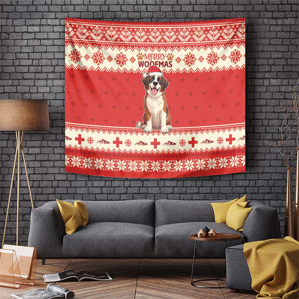Red Christmas tapestry with cute Saint Bernard dog and festive border pattern.