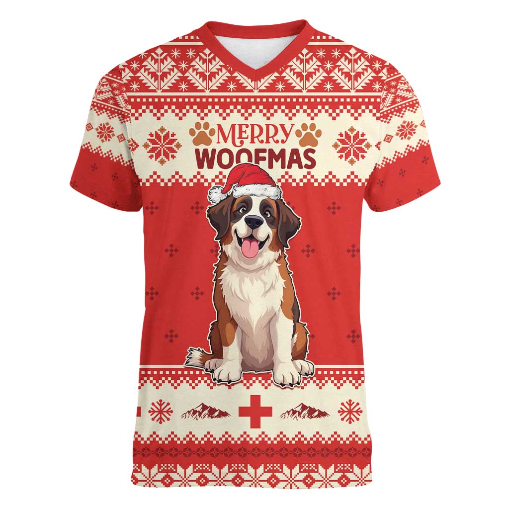 Switzerland Christmas Women V-Neck T-Shirt Cute Saint Bernard Merry Woofmas