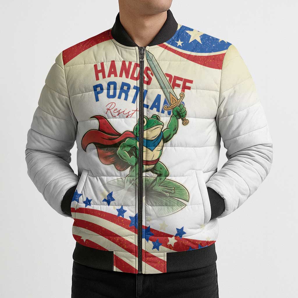 Hands Off Portland Bomber Puffer Jacket Resist Frog - Wonder Print Shop
