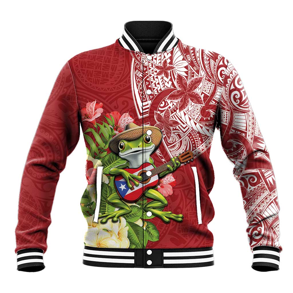 Puerto Rico Coqui Frog Baseball Jacket Tropical Flowers Polynesian Style - Wonder Print Shop
