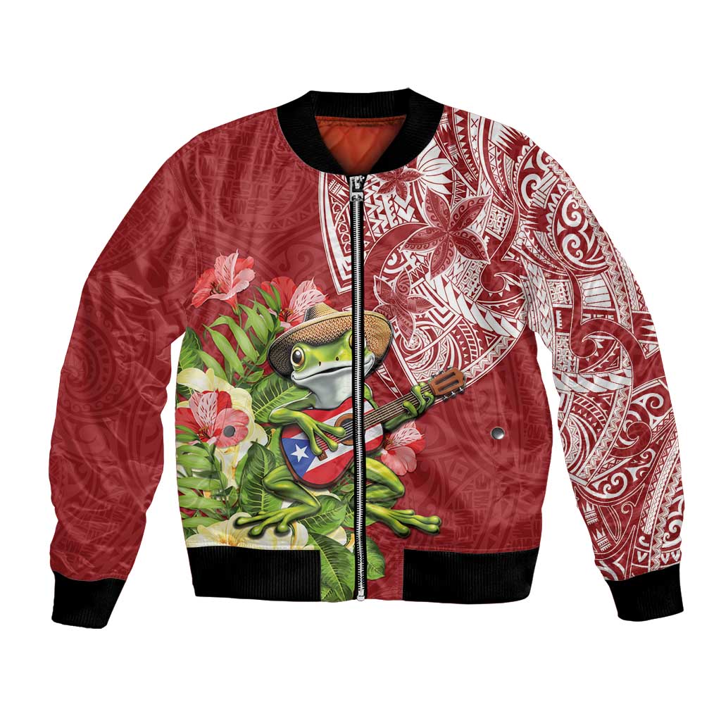 Puerto Rico Coqui Frog Bomber Jacket Tropical Flowers Polynesian Style - Wonder Print Shop