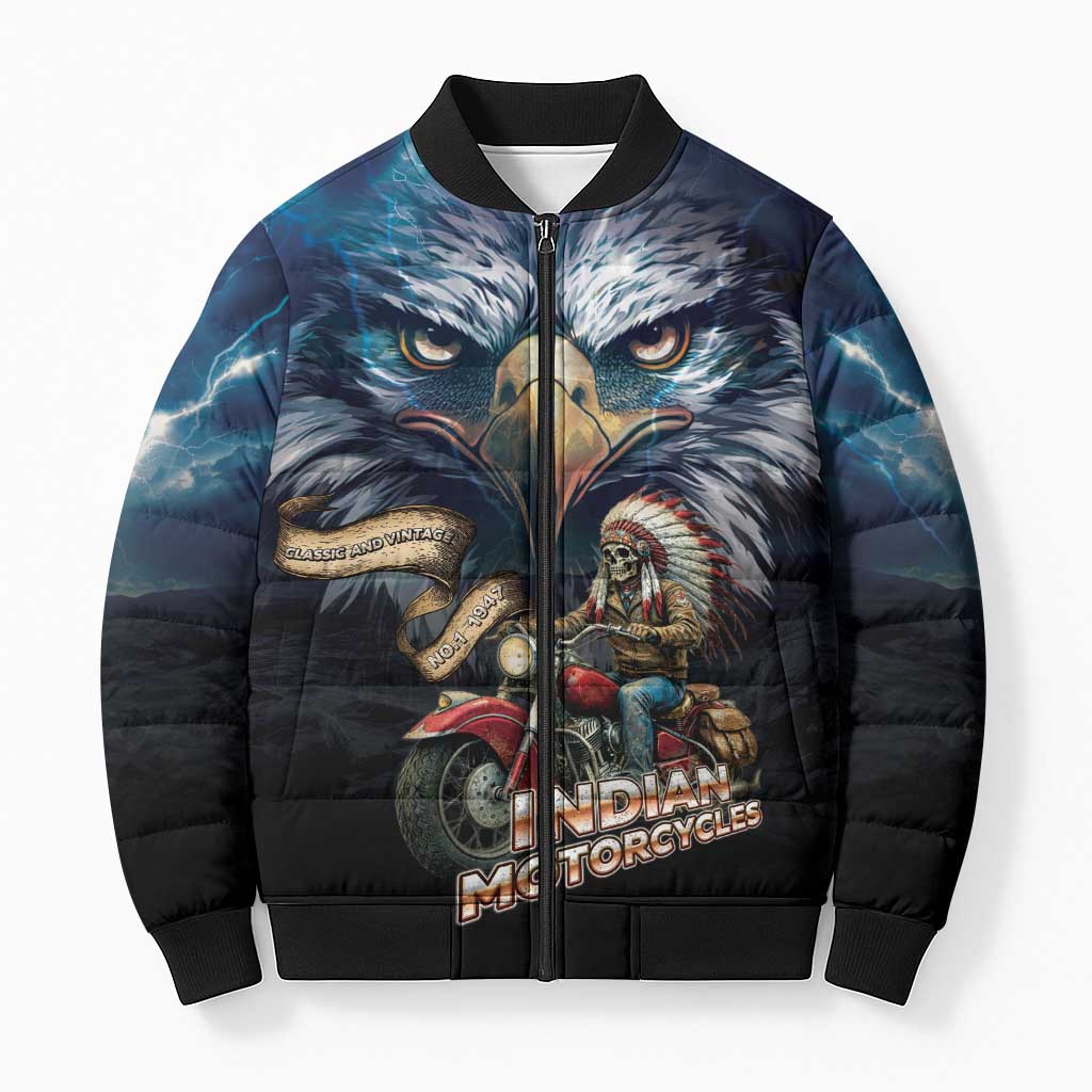 American Indian Legendary Motorcycle Bomber Puffer Jacket Native American Retro Rider - Wonder Print Shop