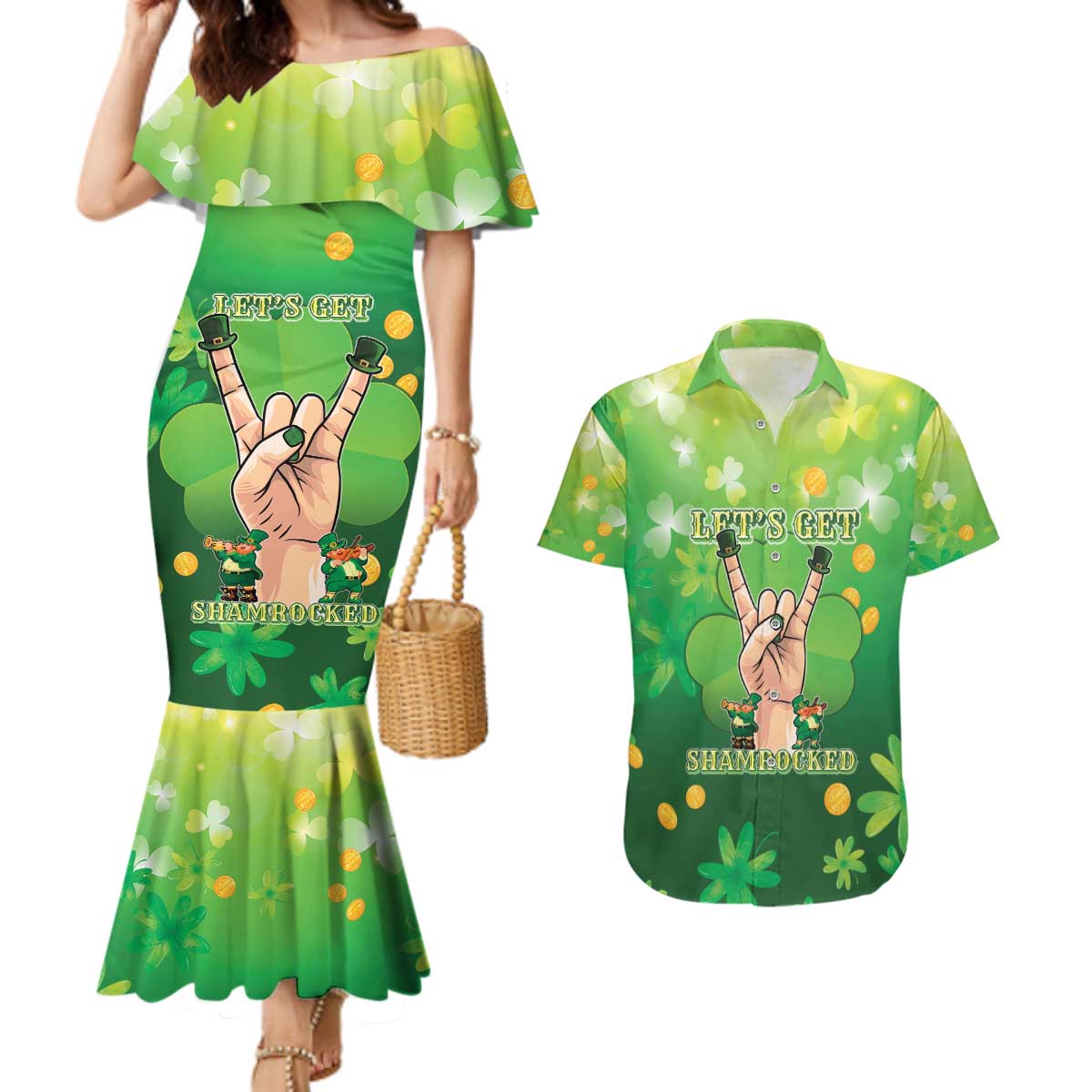 St Patrick's Day Couples Matching Mermaid Dress and Hawaiian Shirt Ready To Shamrock