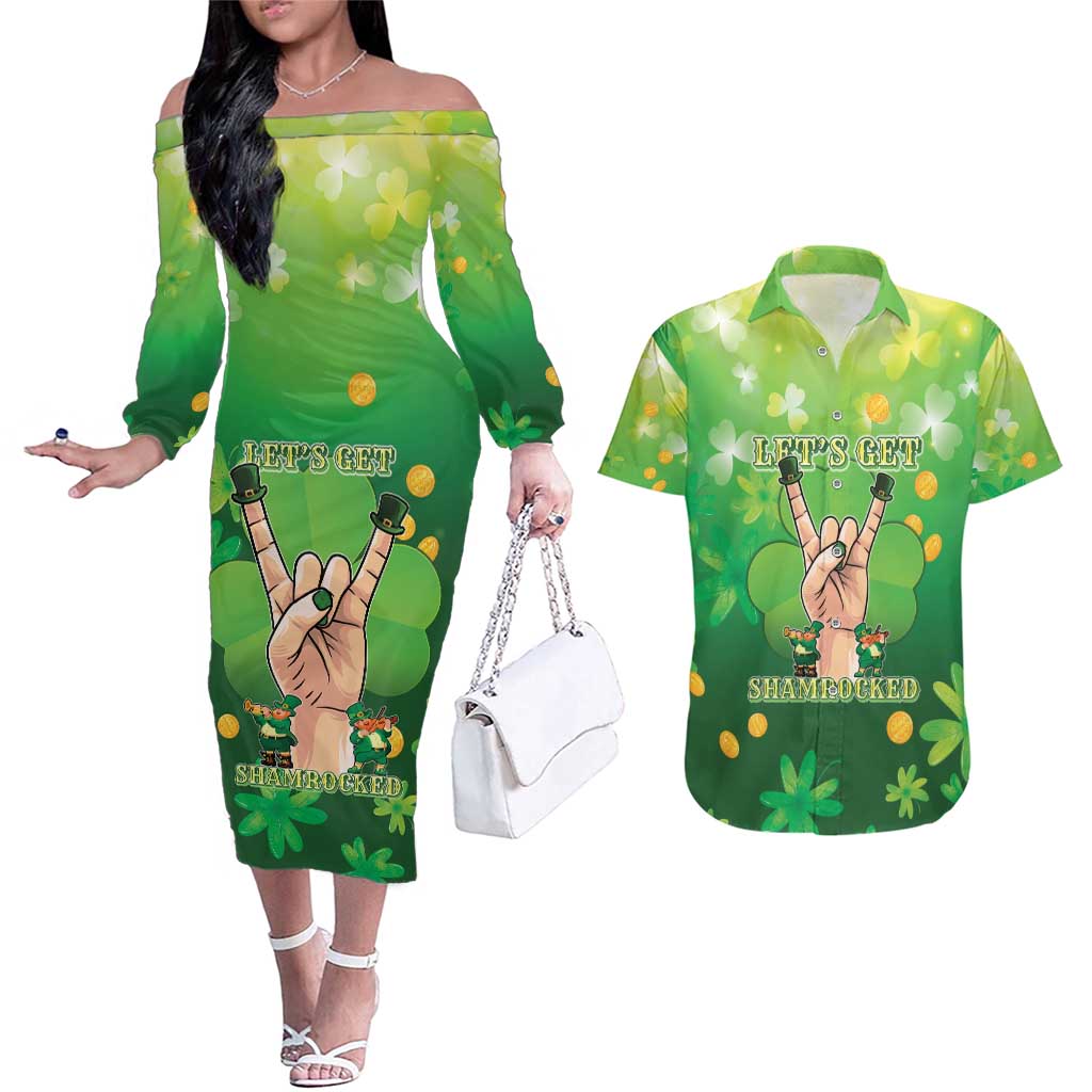 St Patrick's Day Couples Matching Off The Shoulder Long Sleeve Dress and Hawaiian Shirt Ready To Shamrock