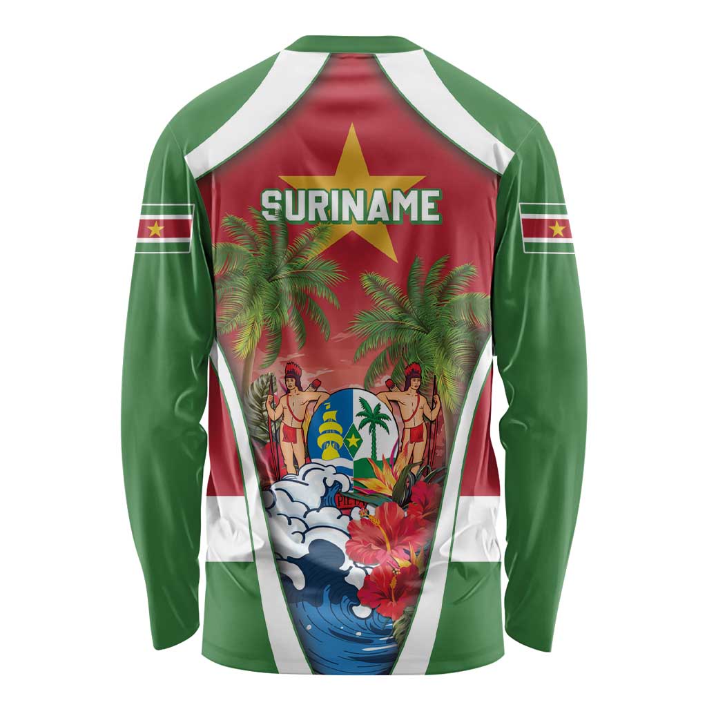 Unisex red and green long sleeve shirt, back text 'SURINAME' over flag scene