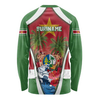Unisex red and green long sleeve shirt, back text 'SURINAME' over flag scene