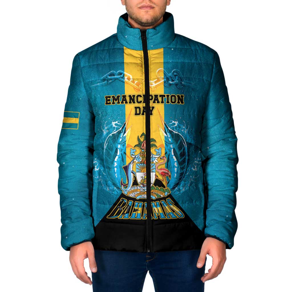 Personalized Bahamas Emancipation Day Padded Jacket Blue Marlin With Coat Of Arms - Wonder Print Shop