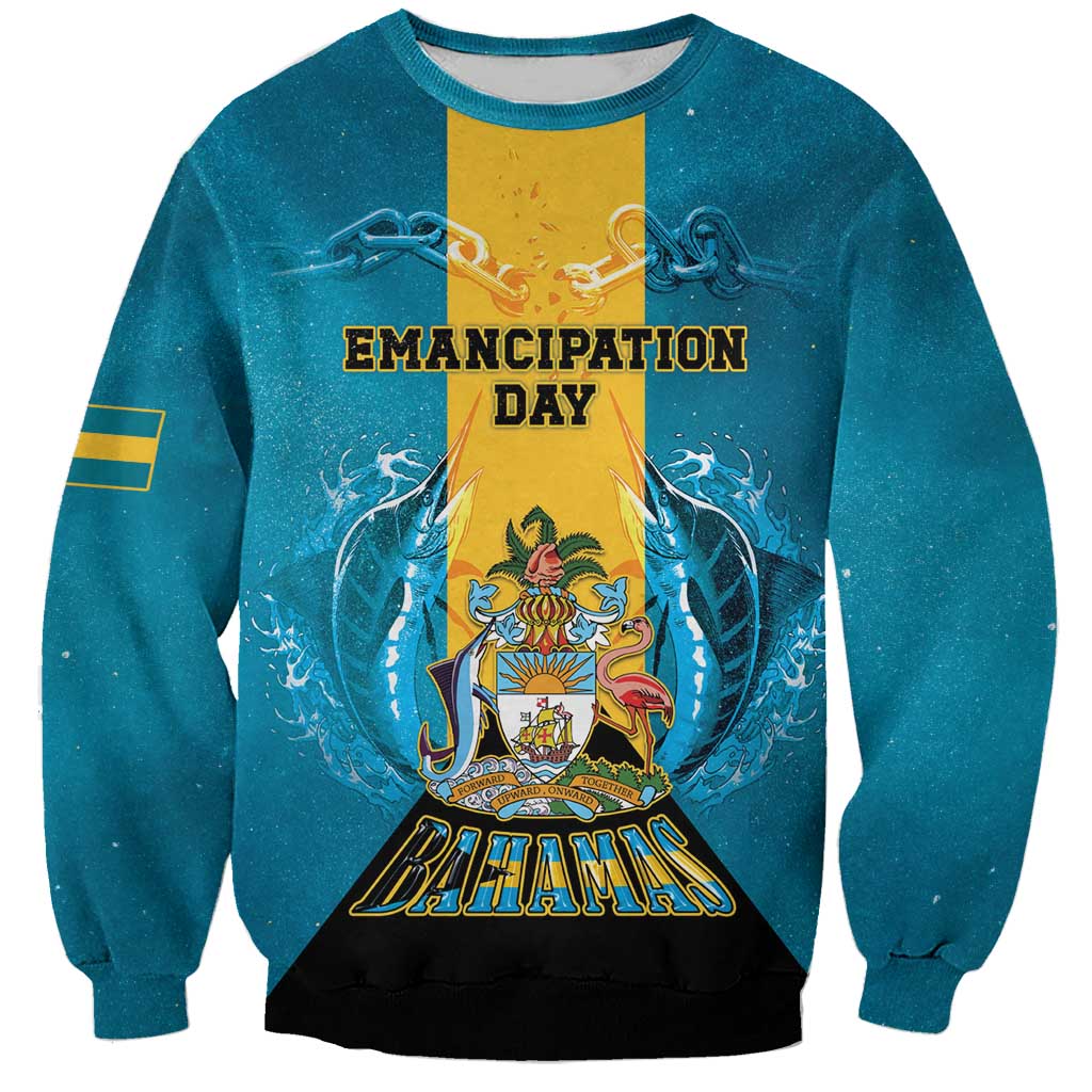 Personalized Bahamas Emancipation Day Sweatshirt Blue Marlin With Coat Of Arms - Wonder Print Shop