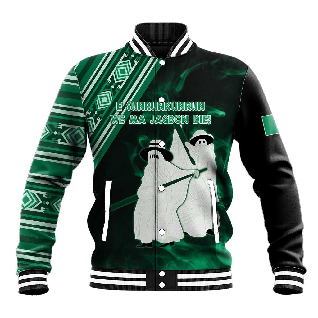 Unisex green and black baseball jacket with striped ribbed collar and front graphic