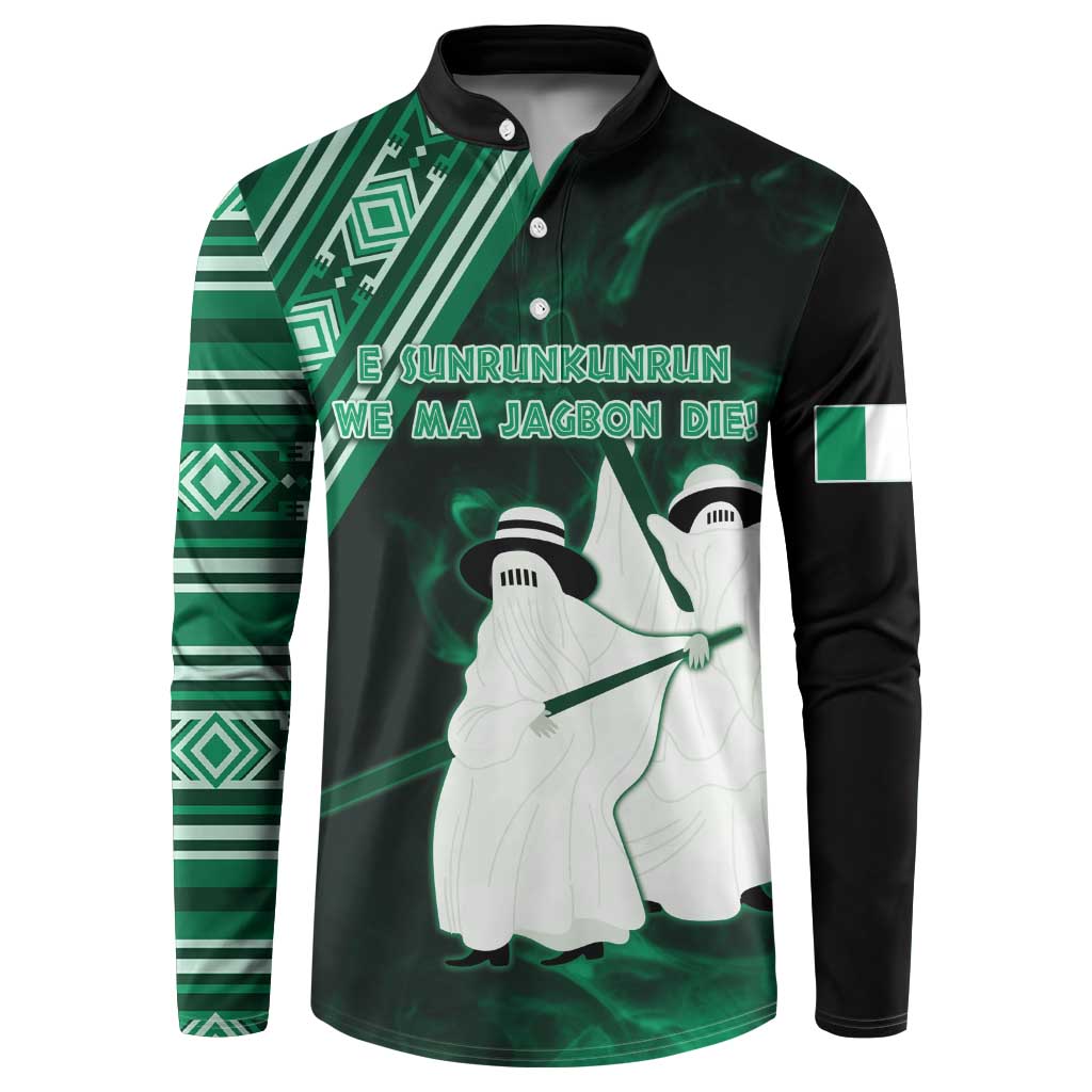 Black long-sleeve button sweatshirt with green geometric sleeve panels and white warrior graphic