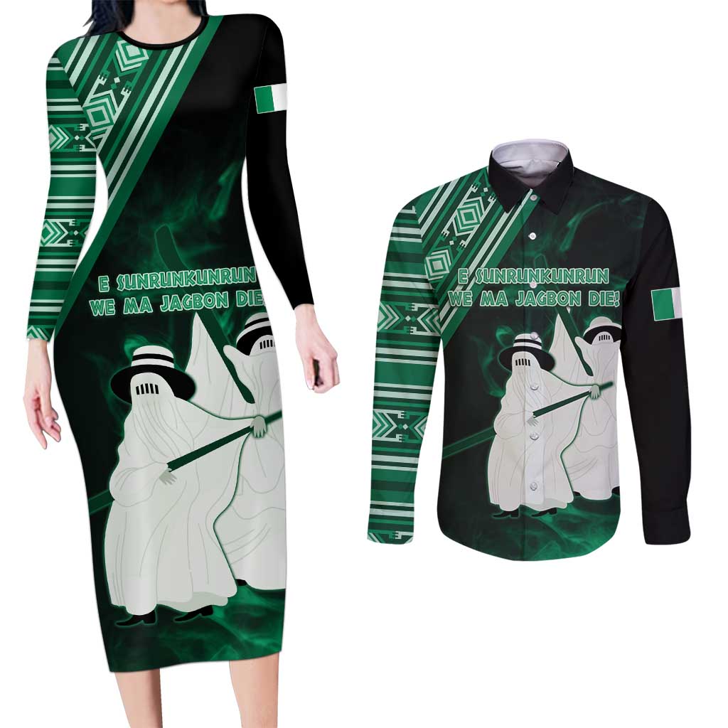 Nigeria Yoruba Festival Couples Matching Long Sleeve Bodycon Dress and Long Sleeve Button Shirt Eko Spirit Eyo Masquerade LT05 - Wonder Print Shop