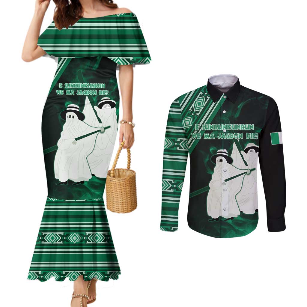 Nigeria Yoruba Festival Couples Matching Mermaid Dress and Long Sleeve Button Shirt Eko Spirit Eyo Masquerade