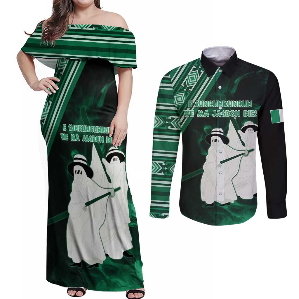 Nigeria Yoruba Festival Couples Matching Off Shoulder Maxi Dress and Long Sleeve Button Shirt Eko Spirit Eyo Masquerade LT05 - Wonder Print Shop