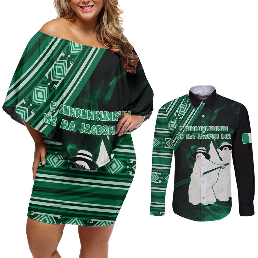 Nigeria Yoruba Festival Couples Matching Off Shoulder Short Dress and Long Sleeve Button Shirt Eko Spirit Eyo Masquerade LT05 - Wonder Print Shop