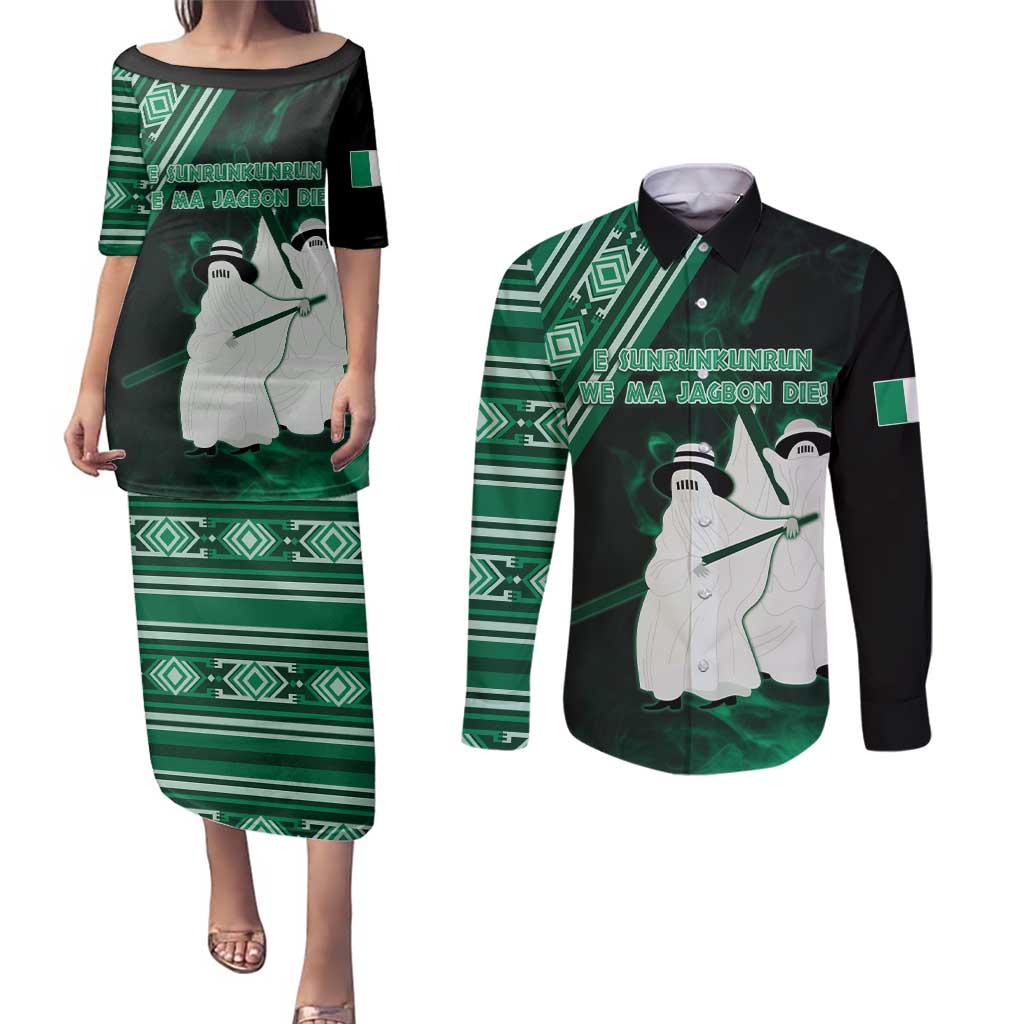 Nigeria Yoruba Festival Couples Matching Puletasi and Long Sleeve Button Shirt Eko Spirit Eyo Masquerade LT05 - Wonder Print Shop