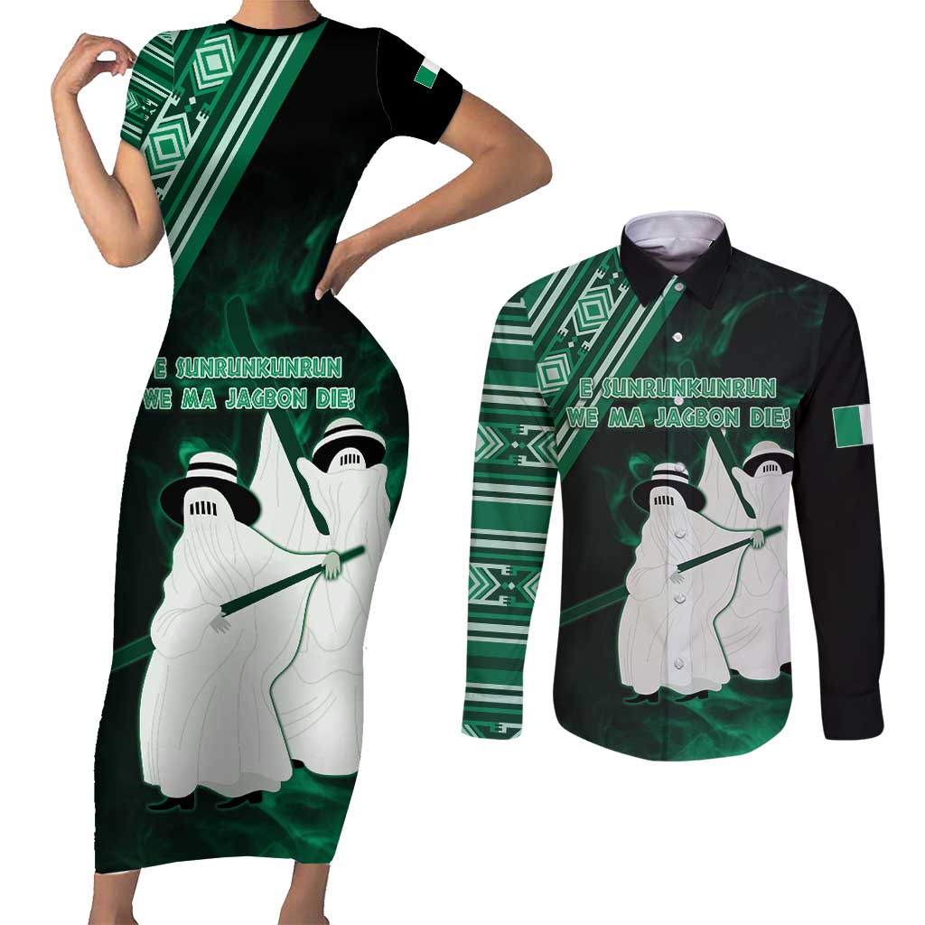 Nigeria Yoruba Festival Couples Matching Short Sleeve Bodycon Dress and Long Sleeve Button Shirt Eko Spirit Eyo Masquerade LT05 - Wonder Print Shop