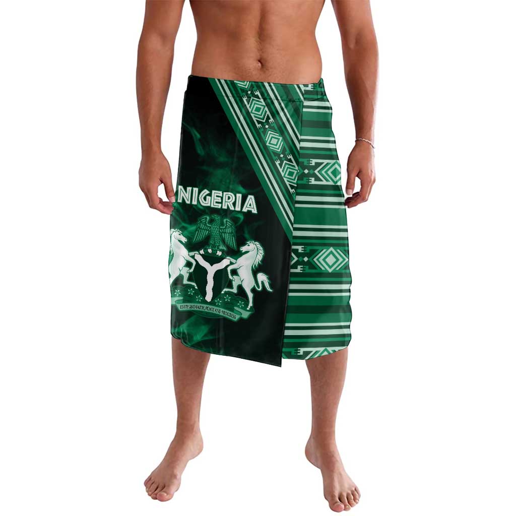 Green patterned wrap skirt with black graphic panel and geometric stripes