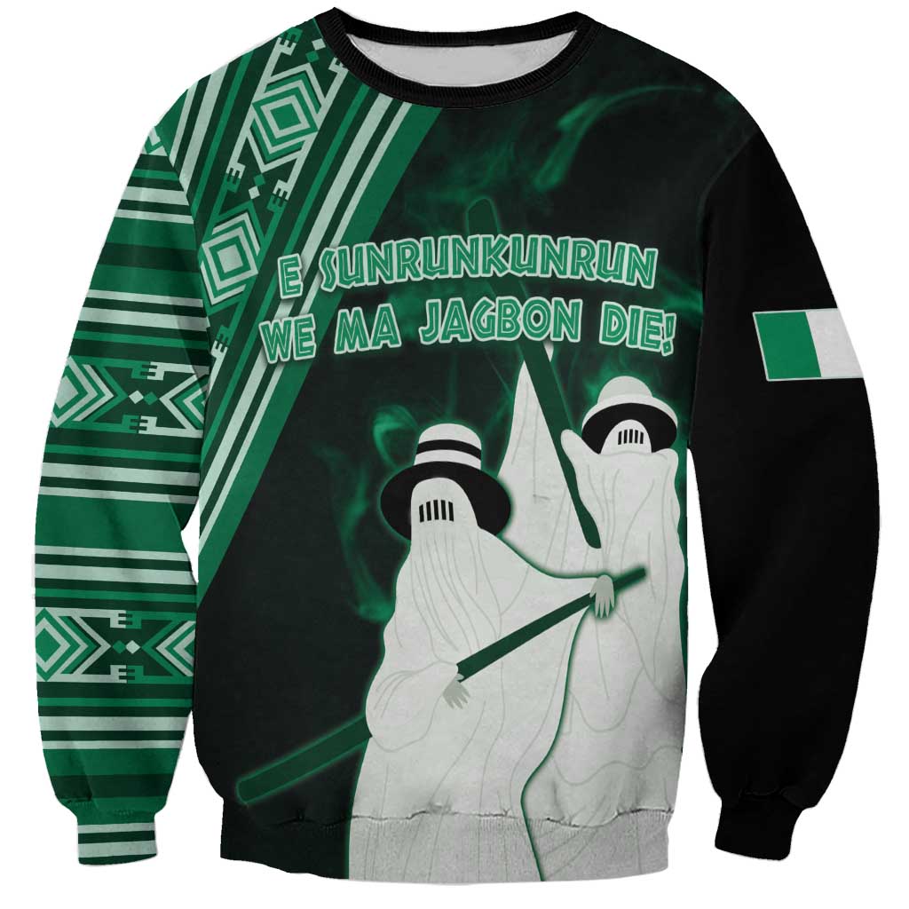 Unisex green and black graphic sweatshirt with masked figure and guitar design