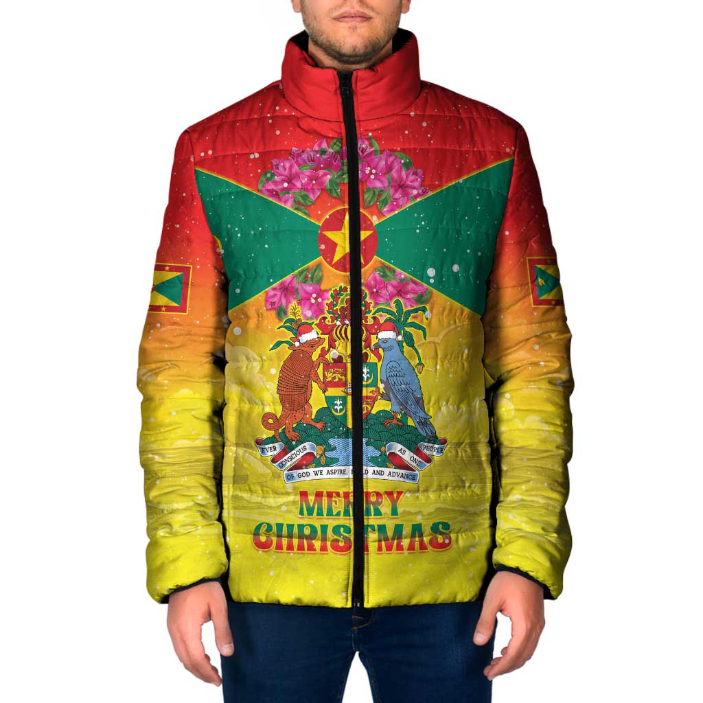 Personalized Grenada Christmas Padded Jacket Coat Of Arms Bougainvillea Wreath - Wonder Print Shop