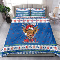 Blue Christmas bedding set with Highland cow design, festive fair-isle style stripes
