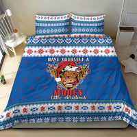 Blue Christmas bedding set with two matching pillow covers and Highland cow center print