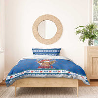 Blue Christmas bedding set with Highland cow duvet and pillow, fair-isle trim