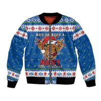 Unisex blue bomber jacket with Highland cow Christmas graphic and full zip