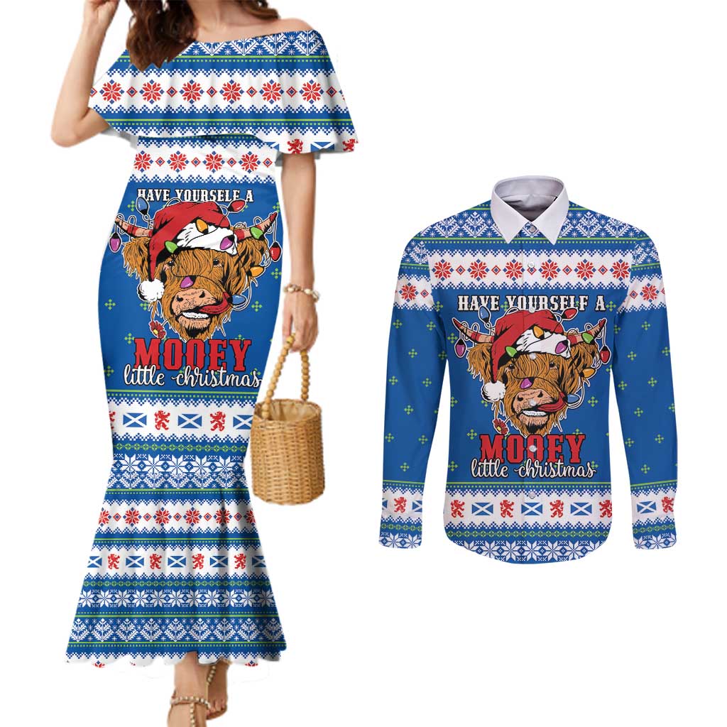 Scotland Christmas Couples Matching Mermaid Dress and Long Sleeve Button Shirt Mooey Xmas Highland Cow