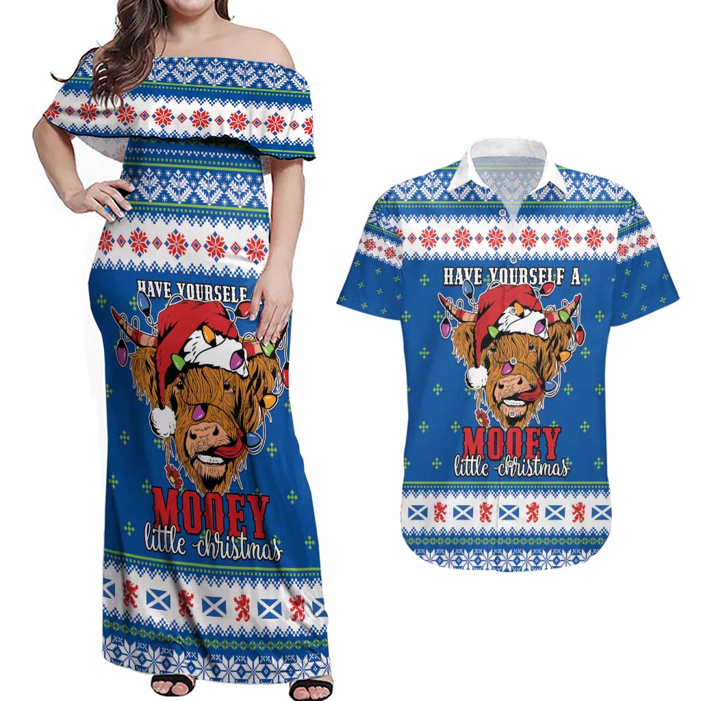 Scotland Christmas Couples Matching Off Shoulder Maxi Dress and Hawaiian Shirt Mooey Xmas Highland Cow LT05 - Wonder Print Shop