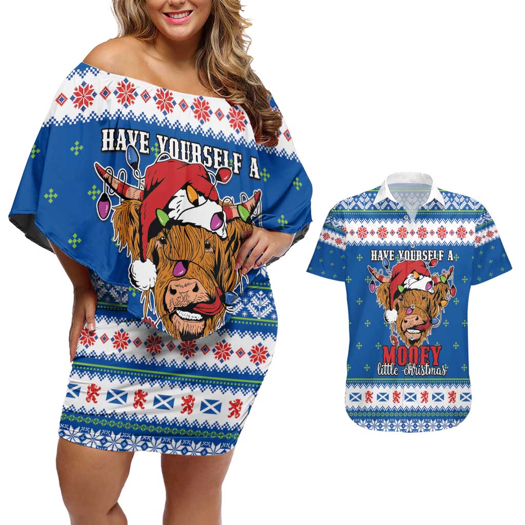 Scotland Christmas Couples Matching Off Shoulder Short Dress and Hawaiian Shirt Mooey Xmas Highland Cow LT05 - Wonder Print Shop