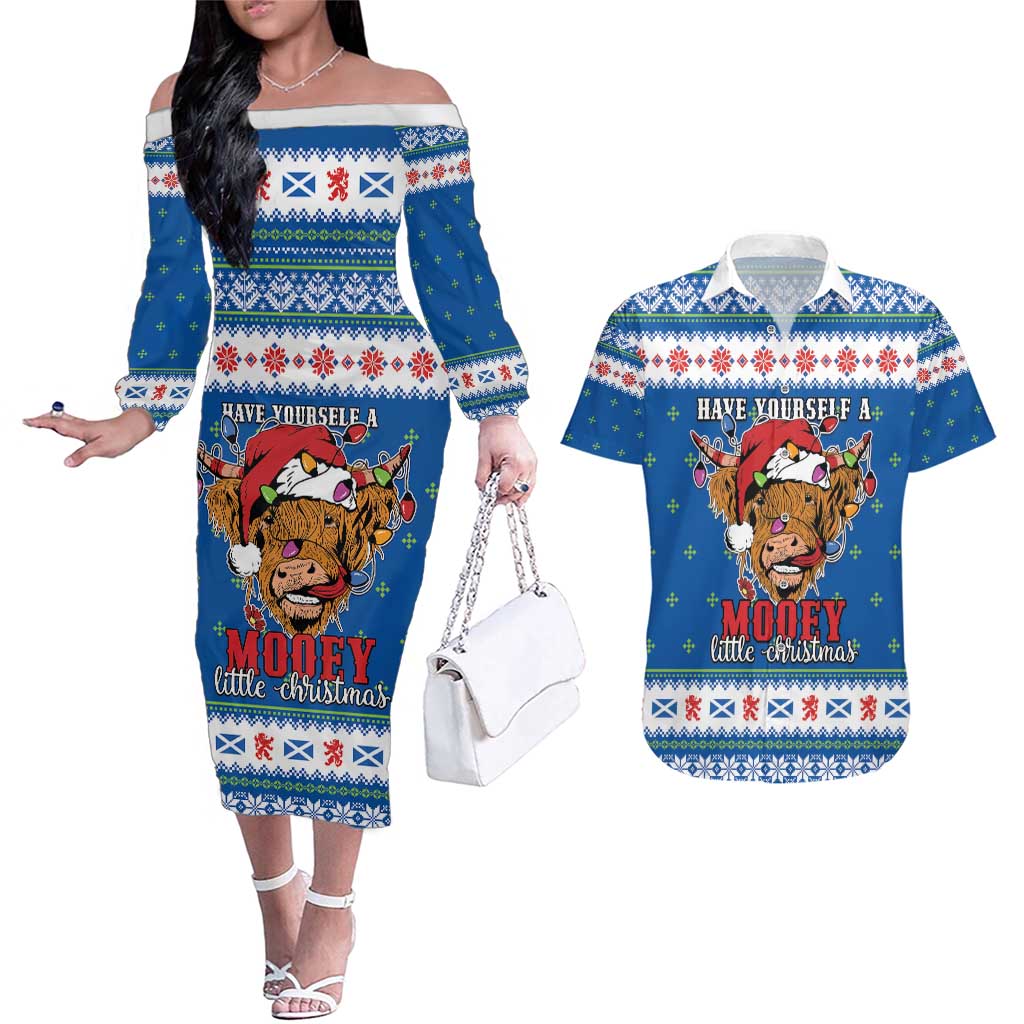 Scotland Christmas Couples Matching Off The Shoulder Long Sleeve Dress and Hawaiian Shirt Mooey Xmas Highland Cow LT05 - Wonder Print Shop